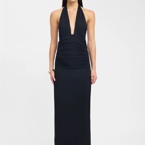 Kookai Black Halter Deep-V Ruched Maxi Dress
